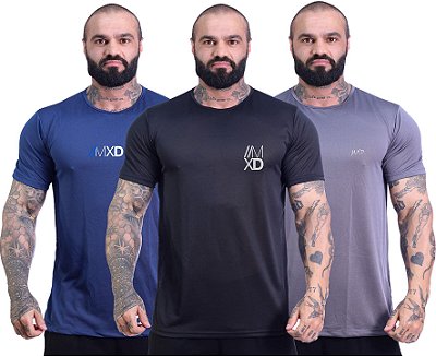 Kit 3 Camiseta Tradicional MXD Conceito Dry Fit 100% Poliéster Estampado Grife Furadinho Marinho Preto Cinza Escuro