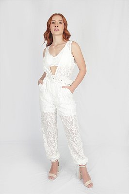 MACACÃO RENDA TOP/CINTO BRANCO TAMANHO G
