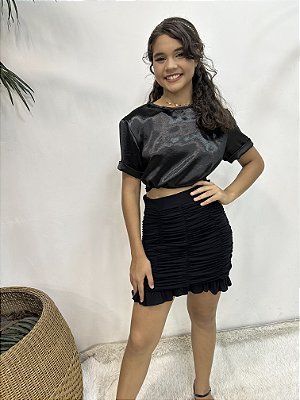 SAIA PRETA DRAPEADA BABADO