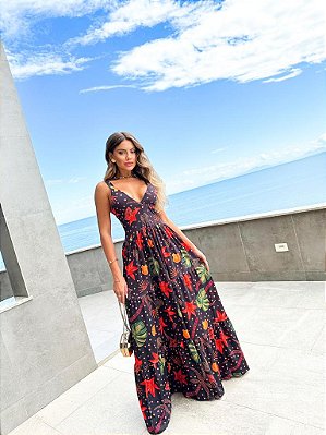 VESTIDO LONGO FRANZIDO ALÇA LARGA