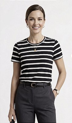 T-SHIRT LISTRADA PRETA E BRANCA (TAMANHO ÚNICO - VESTE P e M)