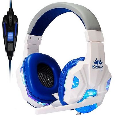 Headset Gamer com Microfone Branco e Azul com Iluminação USB Knup - KP-397