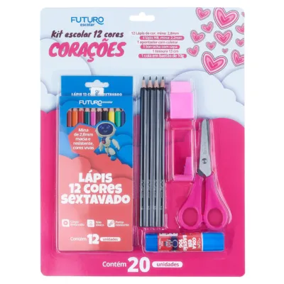 Kit Escolar Lápis 12 Cores Corações