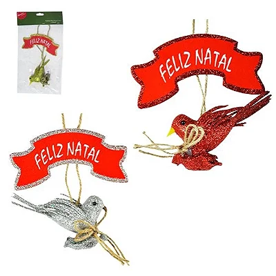 Pendente Placa Feliz Natal Com Pássaro 15cm