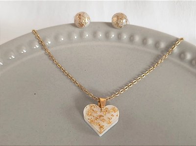 Colar coração e brinco bolinha com folhas de ouro - conjunto