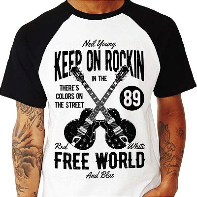 Camiseta Raglan branca com manga curta e preta masculina Keep On Rockin in a Free World
