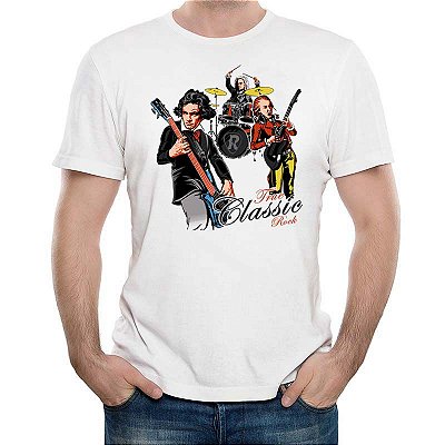 Camiseta Premium Roquenrou masculina branca de mangas curtas True Classic Rock