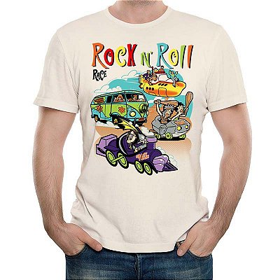 Camiseta Premium Roquenrou masculina off white de mangas curtas Rock n Roll Race