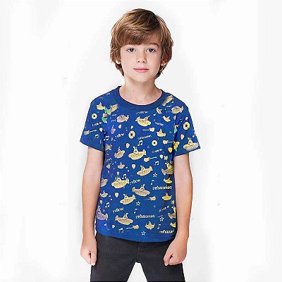 Camiseta Premium Infantil Unissex azul de mangas curtas Yellow Submarine