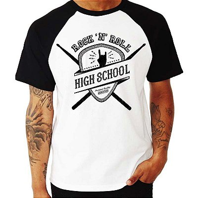 Camiseta Raglan branca com manga curta Rock n Roll High School
