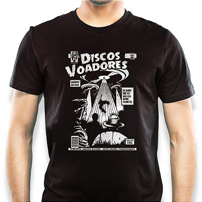 Camiseta rock Discos Voadores masculina tamanho adulto com mangas curtas na cor preta