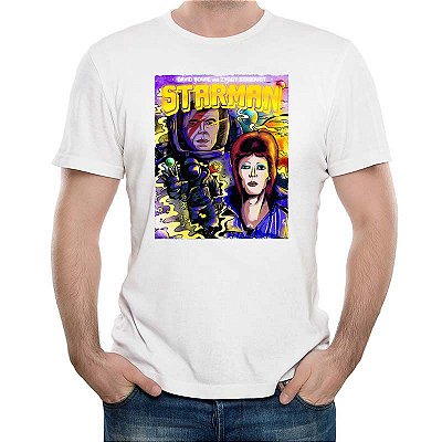 Camiseta rock and Ziggy Stardust Starman masculina tamanho adulto com mangas curtas na cor branca