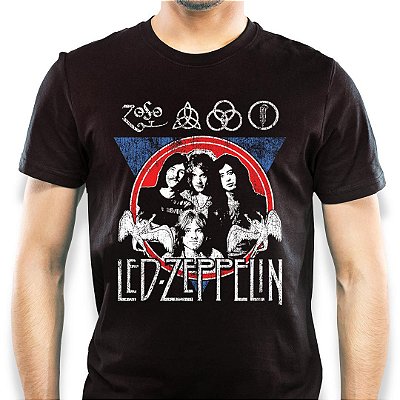 Camiseta rock Led Zeppelin integrantes retro tamanho adulto com mangas curtas na cor preta