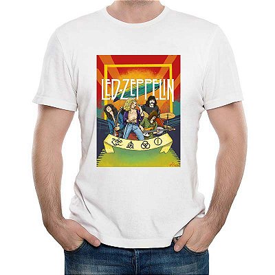 Camiseta rock Led Zeppelin Comics Premium tamanho adulto com mangas curtas na cor branca Premium