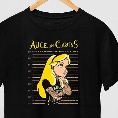 Camiseta rock premium Alice in Jail tamanho adulto com mangas curtas na cor preta