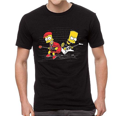 Camiseta rock Bart Simpsons Duelo de Guitarras tamanho adulto com mangas curtas na cor preta