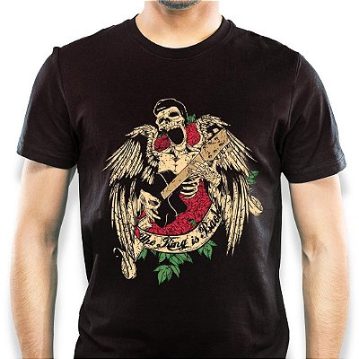 Camiseta Rock Elvis Skull de manga curta tamanho adulto na cor preta