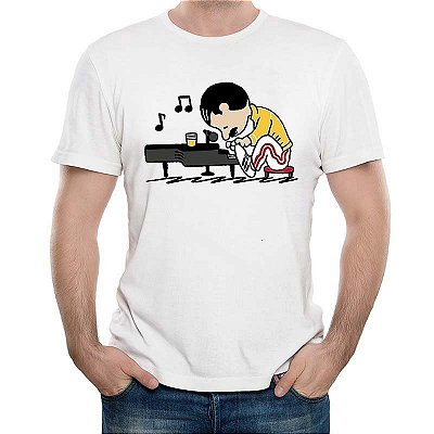 Camiseta Rock Queen Freddie Mercury Snoopy tamanho adulto com mangas curtas na cor Branca Premium