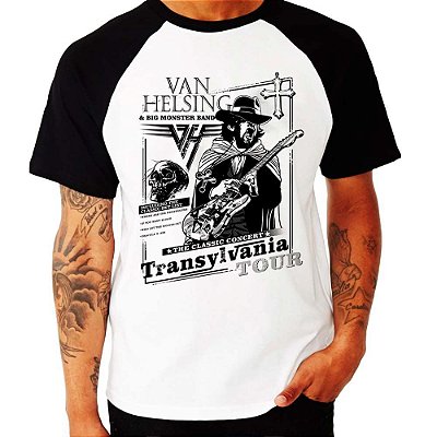 Camiseta Raglan Van Helsing Van Halen tamanho adulto na cor branca com mangas pretas
