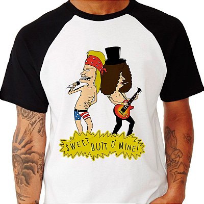 Camiseta Beavis and Butt-Head Rock Raglan tamanho adulto na cor branco com mangas pretas