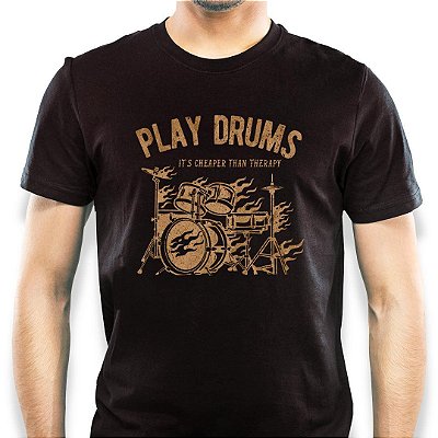 Camiseta rock Play Drums tamanho adulto com mangas curtas na cor preta Premium