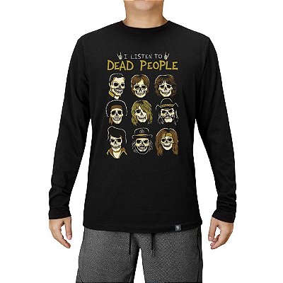 Camiseta rock I Listen to Dead People tamanho adulto com mangas longas na cor preta masculina
