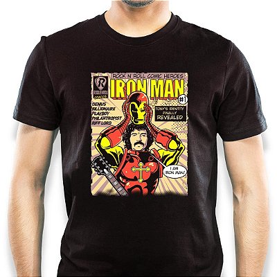 Camiseta Rock Tony Iommi Iron Man manga curta tamanho adulto na cor preta