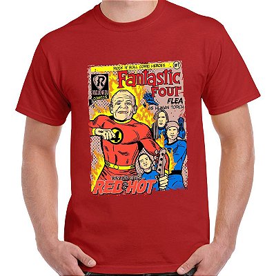 Camiseta rock Red Hot Quarteto Fantástico tamanho adulto com mangas curtas na cor vermelha