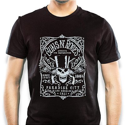 Camiseta rock Guns n Roses Caveira Paradise City Pirata masculina tamanho adulto com mangas curtas na cor preta Classics