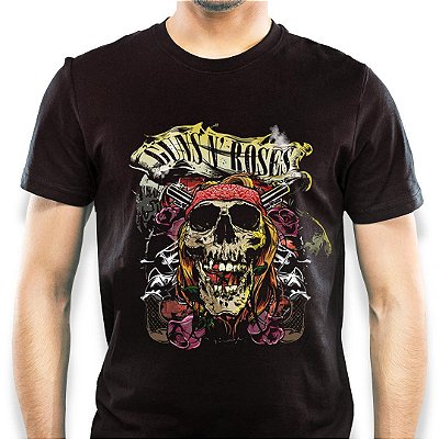 Camiseta rock Guns n Roses Caveira Pirata masculina tamanho adulto com mangas curtas na cor preta Classics