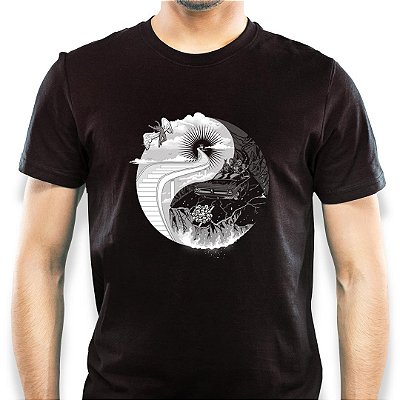 Camiseta Yin Yang Stairway to Hell tamanho adulto com mangas curtas na cor preta Estampa PB