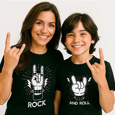 Kit Camisetas Feminina e Infantil Unissex Pretas de mangas curtas Tal mãe tal filho/filha Rock n´Roll