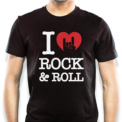 Camiseta I Love Rock n Roll para adulto com mangas curtas na cor preta