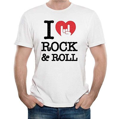 Camiseta I Love Rock n Roll para adulto com mangas curtas na cor branca