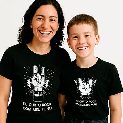 Kit Camisetas Feminina e Infantil Unissex Pretas de mangas curtas Tal mãe tal filho Eu Curto Rock com meu filho