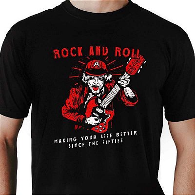 Camiseta Rock and Roll Propaganda Retro tamanho adulto com mangas curtas na cor preta