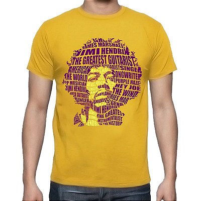 Camiseta rock Hendrix Caligrama tamanho adulto com mangas curtas na cor mostarda