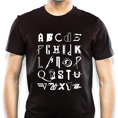 Camiseta Alfabeto do Rock tamanho adulto com mangas curtas na cor Preta Premium