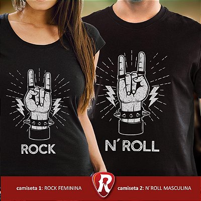 Kit 2 Camisetas Premium pretas com a plavra Rock Feminina e N Roll Masculina