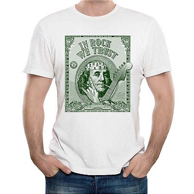 Camiseta premium In Rock We Trust tamanho adulto com mangas curtas na cor branca