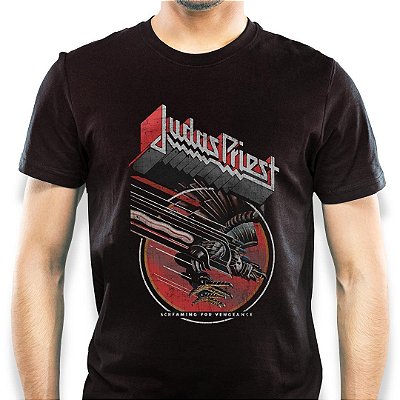 Camiseta rock Judas Screaming For Vengeance masculina tamanho adulto com mangas curtas na cor preta Classics