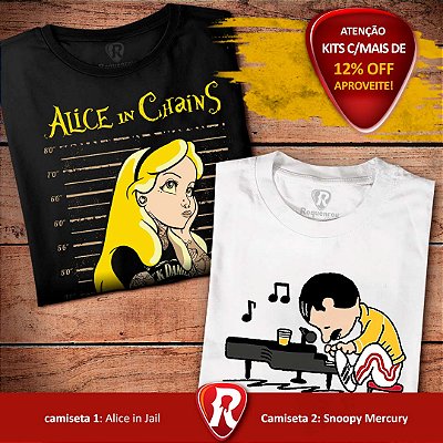Kit 2 Camisetas Premium Alice in Jail preta masculina Snoopy Mercury branca masculina