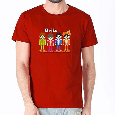 Camiseta rock Beatles Bytes Sgt Pixels tamanho adulto com mangas curtas na cor vermelha  Premium