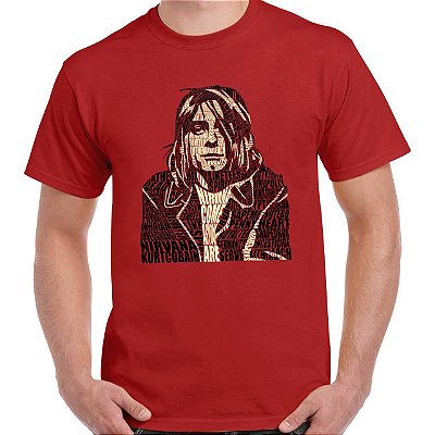 Camiseta rock Kurt Cobain Caligrama tamanho adulto com mangas curtas na cor vermelha