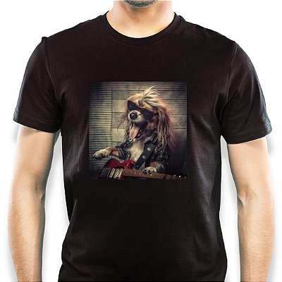 Camiseta rock premium Dog Guitar Player tamanho adulto de mangas curtas na cor preta