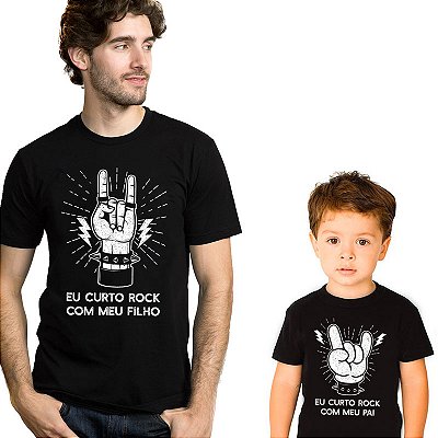 Kit Camisetas Masculina e Infantil Unissex Pretas de mangas curtas Tal pai tal filho Eu Curto Rock com meu filho