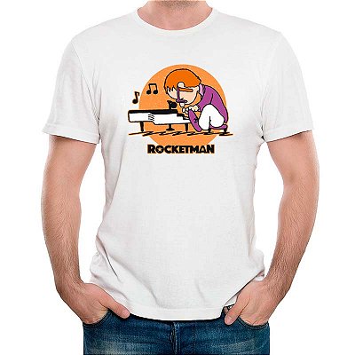 Camiseta rock premium Snoopy Elton John Rocketman tamanho adulto com mangas curtas na cor branca