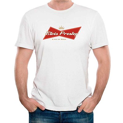 Camiseta rock premium Elvis Bud King of Rock tamanho adulto com mangas curtas na cor branca