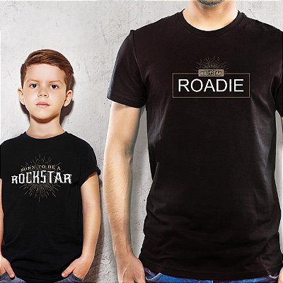 Kit Camisetas Masculina e Infantil Unissex Pretas de mangas curtas Tal pai tal filho / filha Super star e Roadie