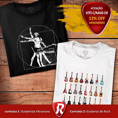 Kit 2 Camisetas premium Guitarrista Vitruviano Preta e Guitarras do Rock Masculina Branca